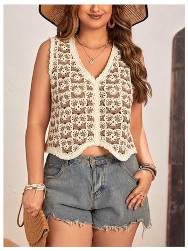 Image of Verdusa Women's Sweater Vest Button Front V Neck Sleeveless Crochet Plaid Checkered Knit Sweater Vest