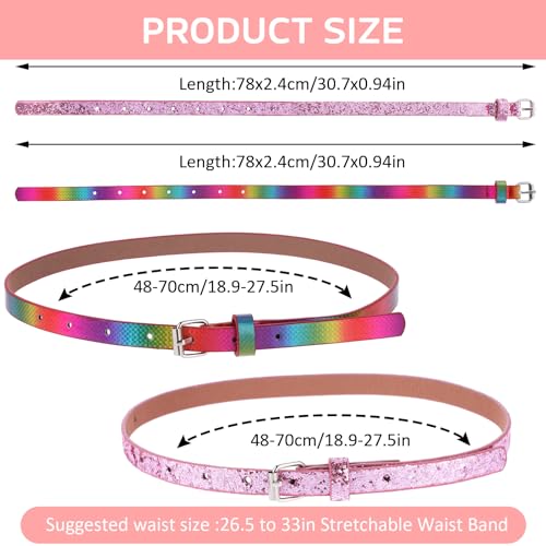 2 Pack Thin Belt for Girls, Girl's Glitter Belt Cute Shiny PU Leather Belt Adjustable Waist Belt for Jeans Dress4