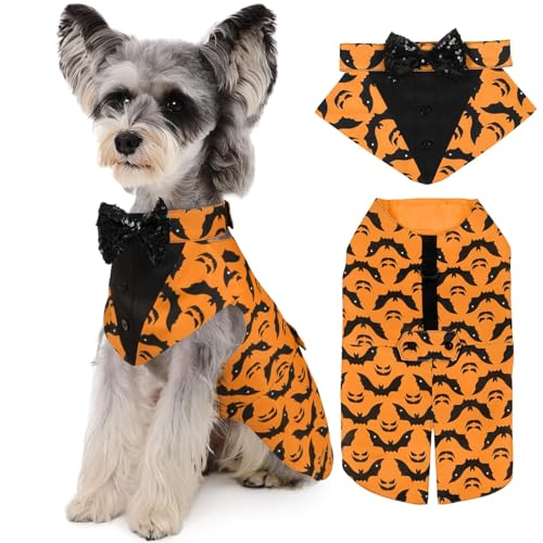 Kuoser Dog Tuxedo Suit and Bandana Set, Bat Pumpkin Print Dogs Halloween Outfit Adjustable Dog Halloween Costume with Bow Tie for Large Medium Small Dogs Golden Retriever Samo Bulldogs, Oran
