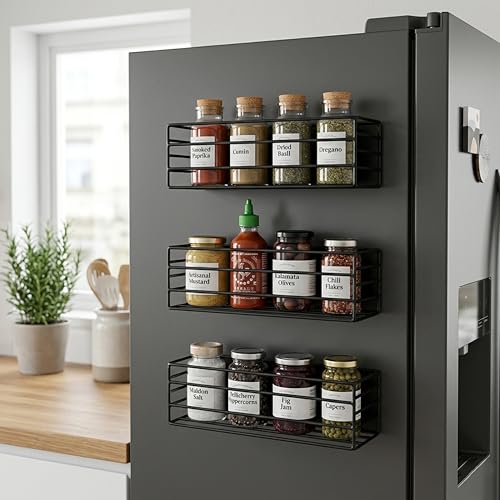 Image of Amazon Basics Magnetic Organizer for Fridge Space-Saving side Storage (27.5 x 11 X 7.5 cm, Iron, Black), Set of 3, Load Capacity: 1.5Kg