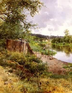 Peinture à l'huile On The River Bank Emilio Sanchez pour grand salon lumineux