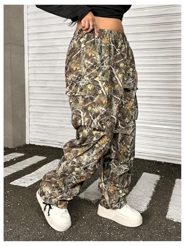 Women's Plus Size Camo Cargo Pants Wide Leg Elastic Waist Long Trousers Streetwear with Pocket3