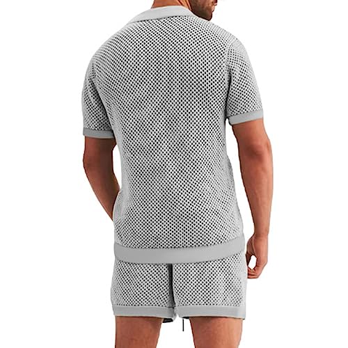 Seganup Men's 2 Pieces Short Sleeve Mesh Cutout Button Down Shirt Sets Summer Outfits Fashion Casual Tracksuit Gray #TOP3