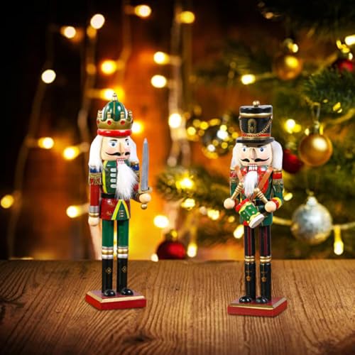 2Pcs Wooden Nutcracker Soldiers, 30cm Wood Painted Hanging Table Desktop Decor, Ornament for Home Fireplace Festive Traditional Christmas Tree Party Decoration