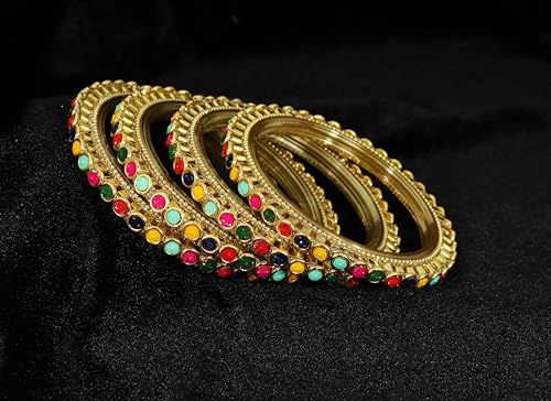 Image of NMII Glass Golden Zircon Gemstone & Colorful Beads Studded Bangles Kada Set For Women & Girls | Traditional Stylish Kangan | Bangles For Women Glass | Wedding, Party, Occasion Wear Bangle- Set of 4