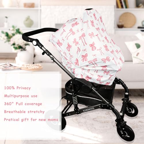 Image of TANOFAR Car Seat Cover for Baby, Multi-Use Cover Carseat Canopy, High Stretchy & Breathable Infant Carseat Cover, Shower Gifts for Unisex Boys and Girls (Pink Bow)