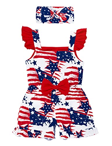 Agapeng 4Th Of July Toddler Baby Girl Clothes Ruffle Sleeve Independence Day Outfits American Flag Rompers Stars And Stripes Jumpsuit Bow-Knot Onesie With Headband 12-18 Months Fourth Of July #TOP8