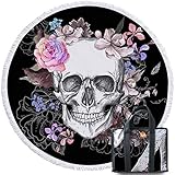 Sleepwish Skull Round Beach Towel Blanket Skeleton Flower Roundie Beach Blanket Line Art Roundie Beach Blanket (Pink Rose, 60