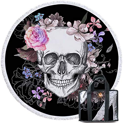Sleepwish Skull Round Beach Towel Blanket Skeleton Flower Roundie Beach Blanket Line Art Roundie Beach Blanket (Pink Rose, 60
