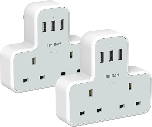 Double Plug Adaptor with 3 USB, 2 Pack TESSAN 2 Ways Multi Plug Extension Sockets Adapter UK, 3 Pin Power Sockets Wall Charger, 13A Extender for Home, Bedroom, Kitchen, Office Grey