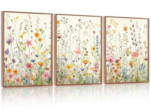 HPINUB Colorful Flower Framed Canvas Wall Art Set, (Set of 3,12X16 Inch)Watercolor Daisy Floral Wall Decor, Wildflower Green Leaf Wall Painting, Multicolour Botanical Art Print for Living Room,Office