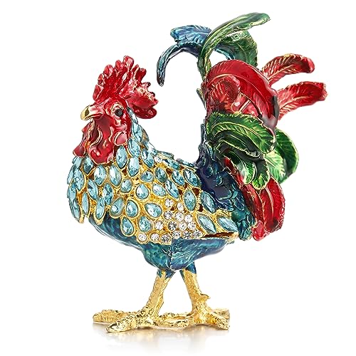 Hand Painted Enamel Rooster Trinket Box, Unique Home Decor Figurine Keepsake Collectible, Personalized Elegant Handmade Ornament (Rooster-Blue)