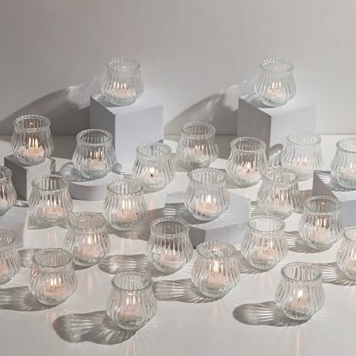 Glasseam Glass Tealight Candle Holder: Set of 24 Ribbed Clear Votive Candle Holders Bulk for Wedding Centerpiece Christmas Table Decorations Party