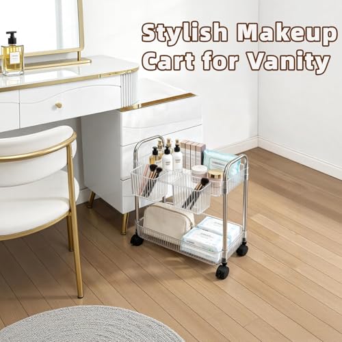 Image of 2 Tier Utility Rolling Cart with Wheels Sofa Side Table Small Under Desk Storage Organizer, Clear Acrylic Plastic Mobile Trolley Organization Storage Cart for Kitchen Pantry Bathroom Vanity