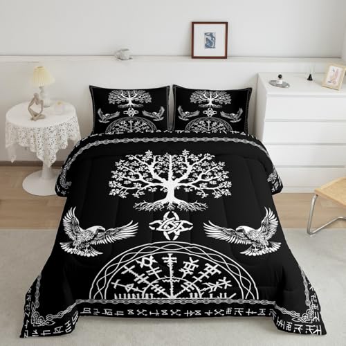 Image of Feelyou Kids Black Viking Sacred Tree Bedding Set Queen Size, Boho Comforter Set Boys Girls Tree of Life Duvet Insert Teens Bedroom Decor Bed Set 3Pcs