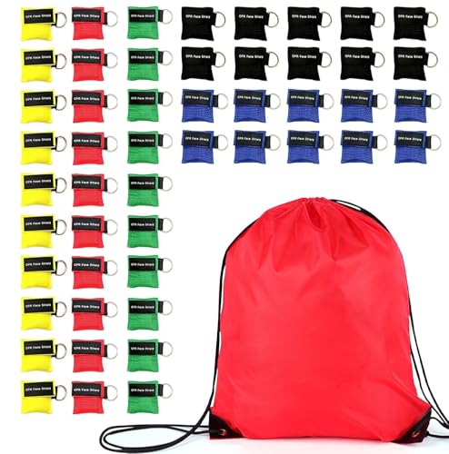 Image of Set of 50 CPR Mask& Red Bag, CPR Shield Mask Key Chain Ring, CPR Keychain with One-Way Valve Breathing Barrier for First Aid or AED Training