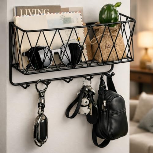 CentraLit Stylish Metal Key Holder with Mobile Stand for Home Decor | Wall Mount Organiser with Shelf & Hooks | Modern Entryway Organizer for Keys, Ma