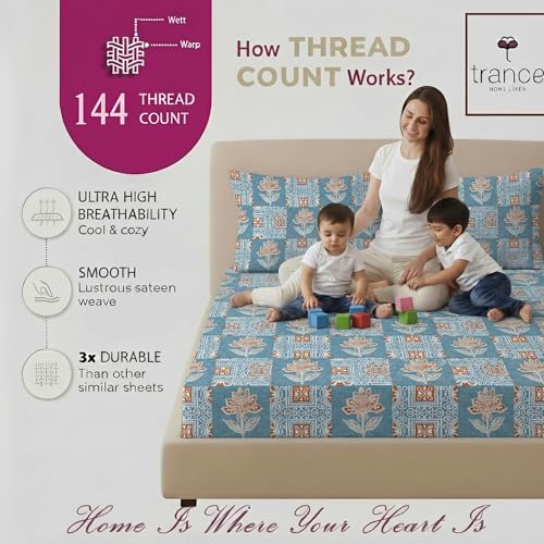 Image of Trance Home Linen 100% Cotton 144TC Elastic Fitted Bedsheet | Printed Queen Bed Size Elasticated Fitted Bedspread with 2 Pillow Covers (Queen 78x60 inch, Ajrak Blue)