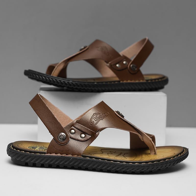 Mens Casual Outdoor Sandals Flip Flops Thong Leather Slip On Two uses Toe Ring Beach Shoes4