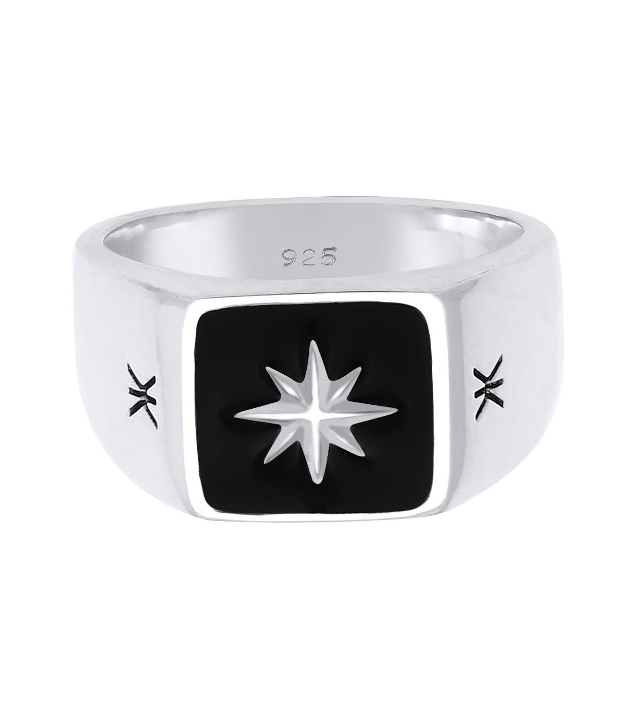 Kuzzoi Anillo de sello para hombre de 11 mm de ancho en plata de ley 925, superficie esmaltada negra con diseño de estrella, anillo para hombres de tamaño 54-66, 0601112320