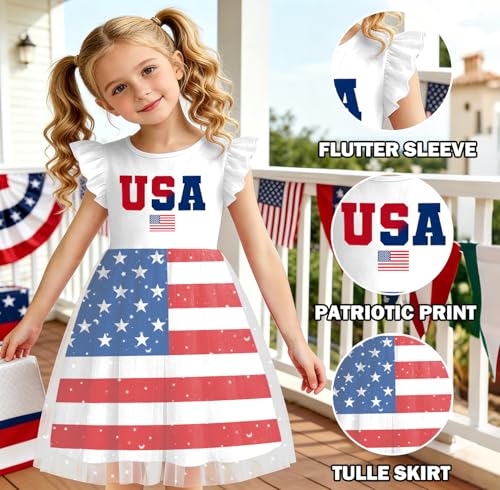Image of Girls 4th of July Dress American Patriotic Outfit USA Independence Day Clothes Flutter Sleeve Tulle Tutu Dress 5-14y