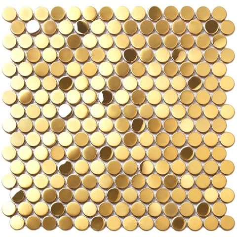 Blujellyfish Gold Backsplash Tile Penny Round Mosaics 3/4" Golden Stainless Steel Tiles for Wall Backsplash Shower Floor (Box of 5 Sheets) Cover