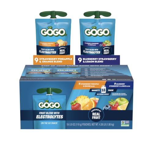 GoGo squeeZ No Sugar Added Active Fruit Blend with Electrolytes| 18-Count Variety Pack | Blueberry Strawberry Lemon & Strawberry Pineapple Orange | Made with Real Fruit and Antioxidants Vitamin A E & C