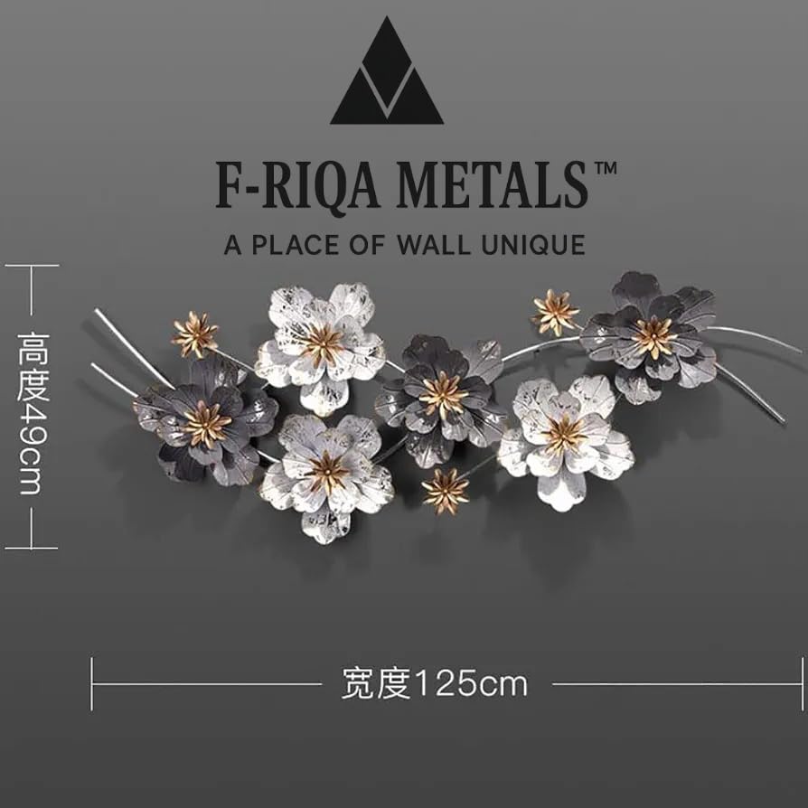 Image of F-RIQA METAL A PALACE OF WALL UNIQUE White & Grey Floral Metal Wall Art for Living Room | Handcrafted Iron Wall Hanging with Golden Flowers Luxury Wall Hanging Decoration for Living Room, Bedroom, Hallway & Office (Art Deco)