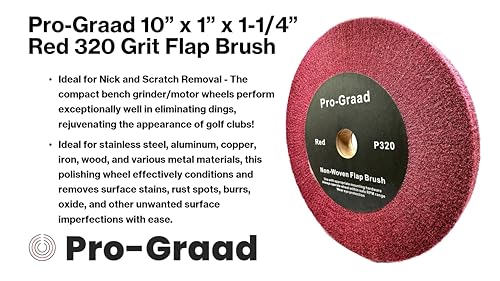 Image of 10 inch x 1 inch x 1-1 /4 inch Red Bench Grinder Polishing Wheel Flap Brush, 320 Grit, Tight Weave, Great for refurb of Golf Clubs and Metal, Non-Woven Wheel for Copper, Metal, Finishing, and Burnishing