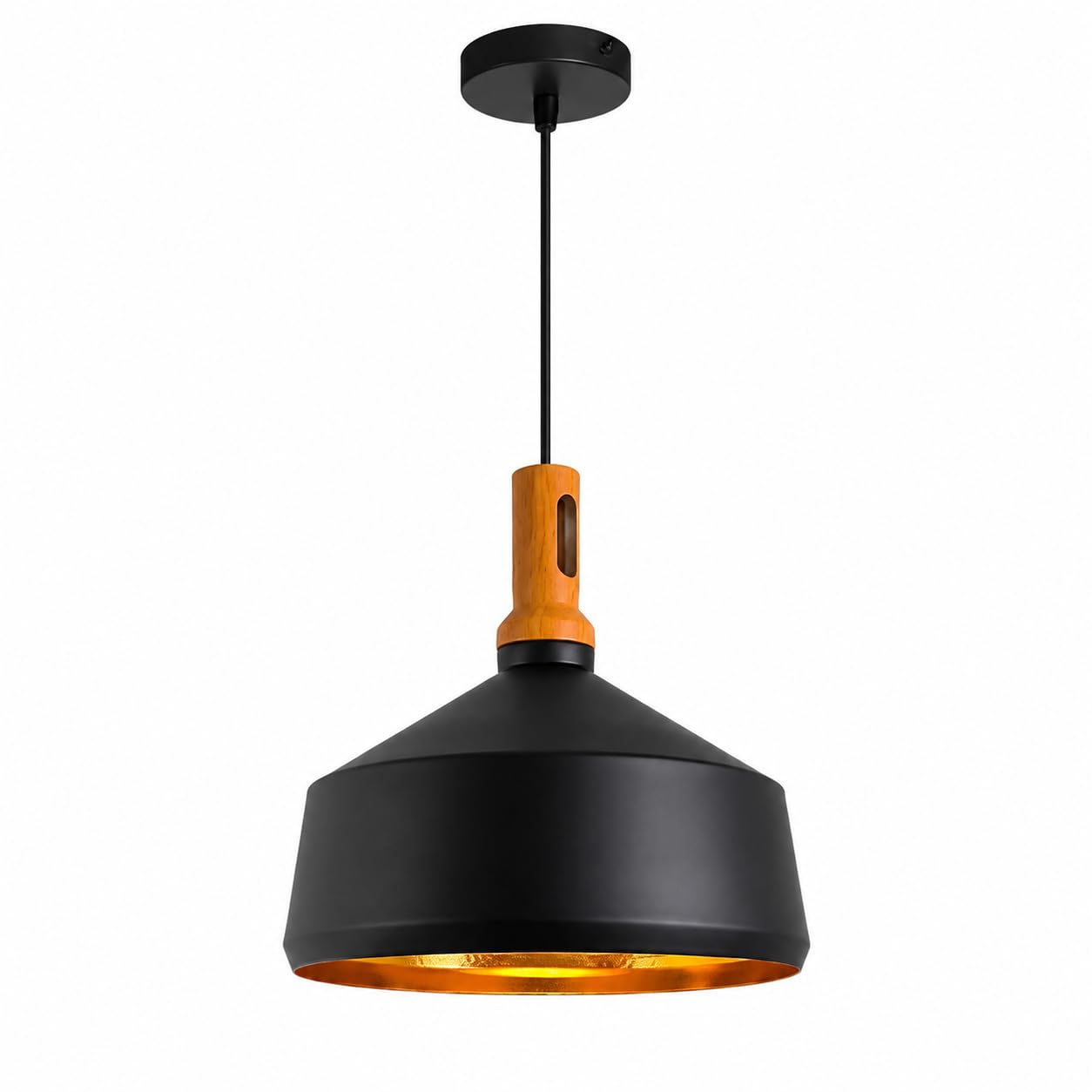 ESIYUVO Modern Industrial Black Pendant Light with Wood Accent, Metal Hanging Lamp with Adjustable Cord and E27 Socket for Kitchen Island, Dining Room, Bedroom, Living Room, Hallway and Entryway