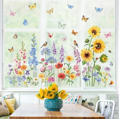 decalmile Autocollants Fenêtre Fleur de Jardin Printemps Été Anti-Collision Stickers Fleurs Papillon Plante Tournesol Stickers Vitre Anti-Adhésifs Fenêtre Porte Chambre Décalques