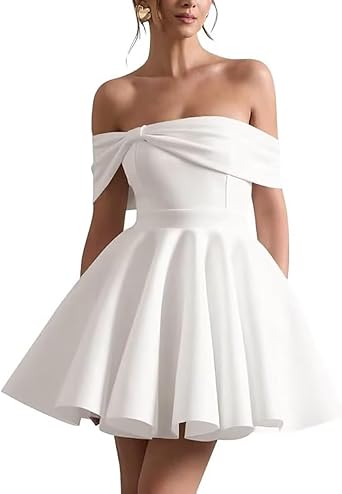 Womens Satin Wedding Dress for Bride Short Homecoming Dresses Off The Shoulder Sleeveless Prom Dress