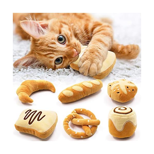 Bread catnip toys kitten interactive toys for cat lover gifts kitty chew bite kick toys supplies baguette croissant pretzel toast bun cinnamon roll plush catmint pet christmas presents set of 6