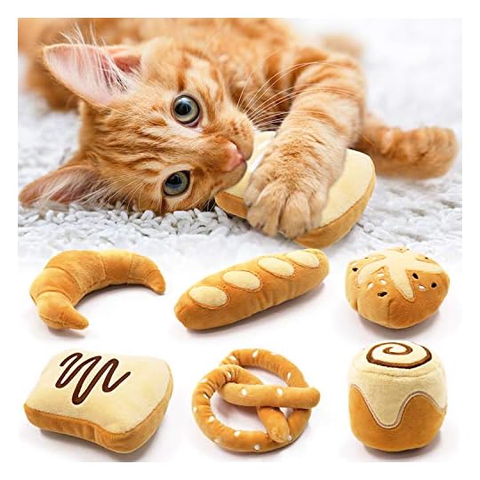 
                            Bread Catnip Toys Kitten Interactive Toys for Cat Lover Gifts Kitty Chew Bite Kick Toys Supplies Baguette Croissant Pretzel Toast Bun Cinnamon Roll Plush Catmint Pet Presents Set of 6
                        