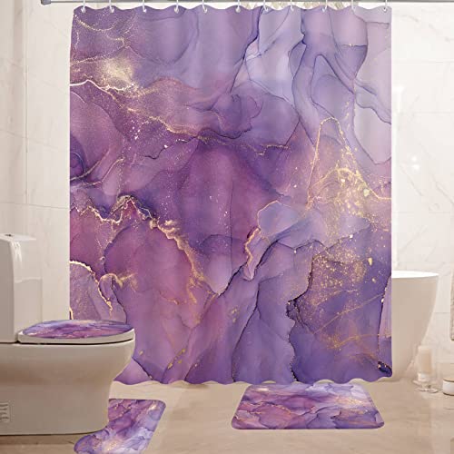 Guassi 4 Pcs Purple Marble Shower Curtain Set With Rug Bathroom Curtains Shower Set Toilet Mat Lid Rug Bathroom Sets Shower Curtain Sets With 12 Hooks, 72"X72" #TOP7