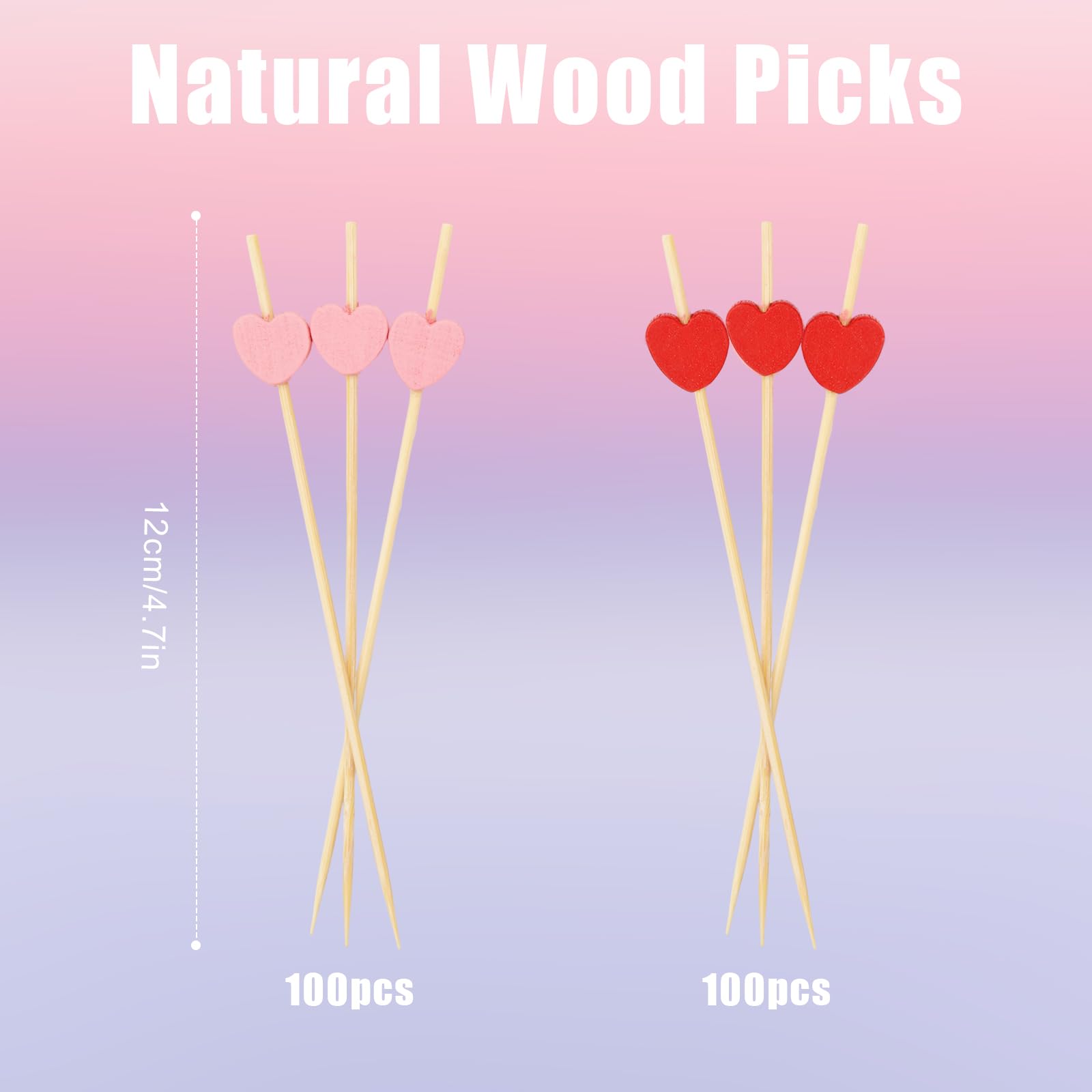 200pcs Heart Shaped Cocktail Bamboo Toothpicks for Drinks, 4.7 Inch Red & Pink Food Picks for Appetizer Fruit Sticks Skewers for Wedding Baby Shower Mother's Day Valentine's Day Party Decor