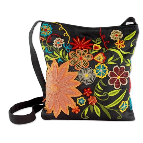 NOVICA Artisan Handmade Embroidered Cotton Blend Shoulder Bag Floral Embroidery Black Handbags Multicolor India ' Tropical Paradise'