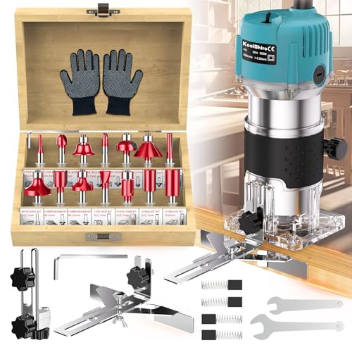 Palm Router Tool, 800W 30000Rpm Electric Woodworking Hand Router with Trimmer Base & 15Pcs 1/4"(6.35mm) Router Bits Set, 220V Wood Trimmer Router