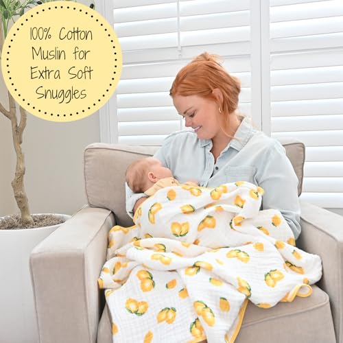 Image of LollyBanks Muslin Baby Quilt, 100% Cotton Baby Blanket for Boys and Girls, Large 47 x 47 Inches Versatile Crib Blanket, 6 Layers Newborn Blanket, Durable Baby Bedding, Registry (Sunny Lemon Print)