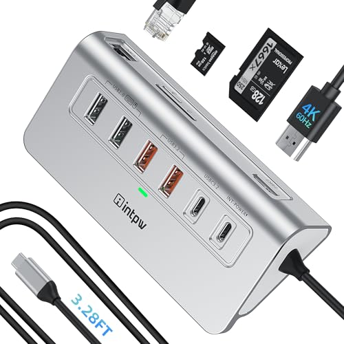 Intpw P9R PRO USB C Hub, 10 en 1 USB C Docking Station con Ethernet de 1 Gbps, cable de 1 m, HDMI 4K a 60 Hz, 10 Gbps 2 Type-A/C 3.2, 2 Type-A 2.0, PD 100W, SD/TF, aluminio USB HUB para iPhone16/15