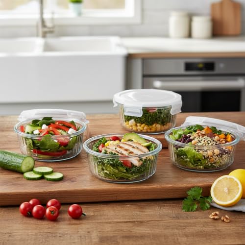 Image of H.JSS WDJS 1.5 cup Round Glass Food Containers with Lids and Spoon, 12oz Small Glass Lunch Storage Containers, Small Round Meal Prep Bowls for Office, Outdoor. Microwave, Freezer, Dishwashe safe
