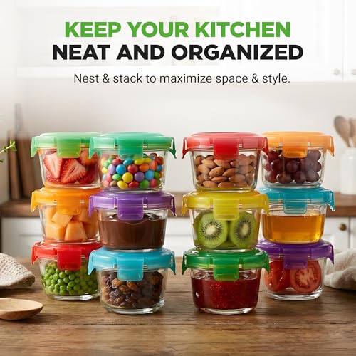 Image of NutriChef 24-Piece (12 Glass Food Storage Containers and 12 Lids), 4.48oz Mini Stackable Meal Prep Round Containers - Microwave, Freezer, & Dishwasher Safe For Food, Snacks, Fruits, Nuts & More