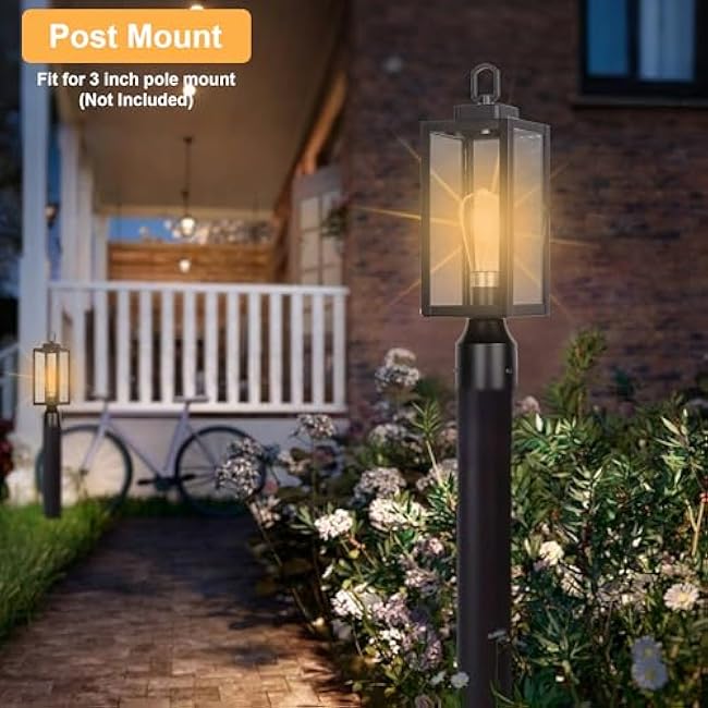 LIT-PaTH Outdoor Post Light, Pole Light with E26 Medium Base, Stainless Metal Housing Plus Glass, Outdoor Post Lighting Fixture for Garden Patio Porch, Matte Black Finish, Bulb Not Included, 1-Pack