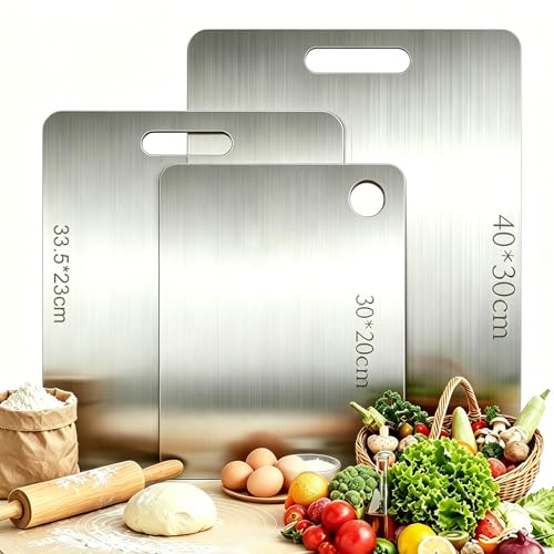 Lot de 3 planches à découper en titane - Double face, sans danger pour les aliments, non poreuses pour la viande, les fruits et les légumes-sans...