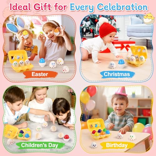 Image of USATDD Easter Egg Toys Hide & Squeak Matching Eggs for Toddlers, Color Recognition Sensory Learning Toys, Fine Motor Skills Montessori Geometric Eggs Gifts for Kids Easter Basket Stuffers