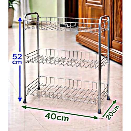Image of 3-Tier Stainless Steel Kitchen Storage Rack, Multi-Purpose Organizer Shelf, Spice Jars Stand, Counter Organizer for Pantry Storage, 52x40x20, Silver