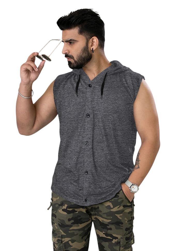 Men's Sleeveless Hooded Button-Down T-Shirt | Casual Streetwear & Gym Vest with Drawstring Hood Grey-image-1