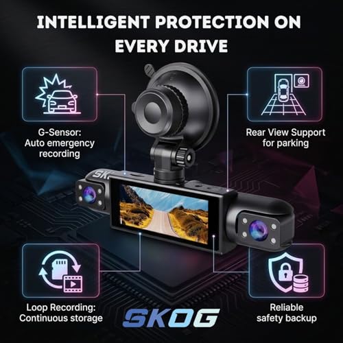 Image of SKOG 4 Channel 4K Ultra HD Dash Cam Front, Rear & 2 - Side Camera with WiFi, Car DVR with Night Vision, 360 Coverage, Loop Recording, G-Sensor, Mobile App Control, Dual Lens Dashboard Camera