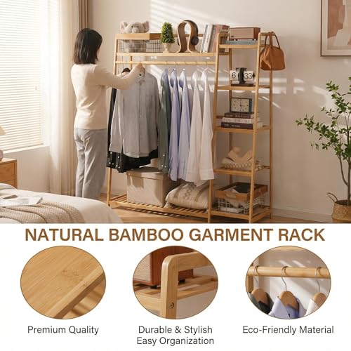 Bamboo Clothing Garment Rack 7 Tier Storage Shelf Coat Clothes Hanging Rack, Portable Wardrobe Closet Organizer With Top Shelf, Shoe Storage Shelves for Bedroom (Natural - 51.18 in) - Image 5