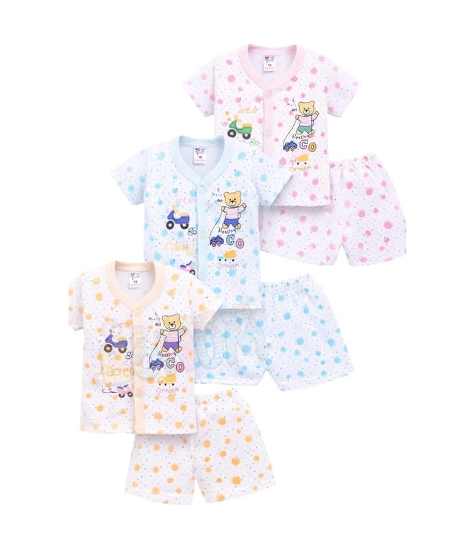 Image of BONUM Baby's Boy's Girl's 100% Cotton Button Shirt with Pyjama Pant Set of 3 New Born Baby Clothes